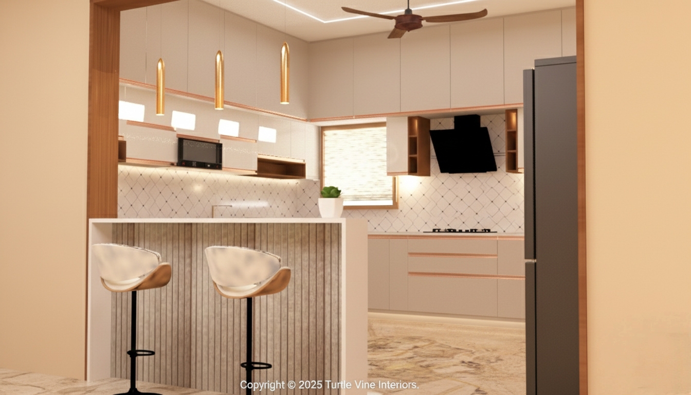 L-shaped modern modular kitchen with integrated lighting and neutral cabinetry.