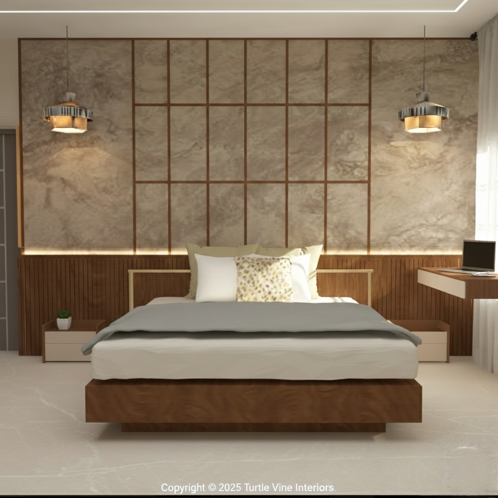 Contemporary master bedroom with full-height headboard paneling and suspended pendant lights.