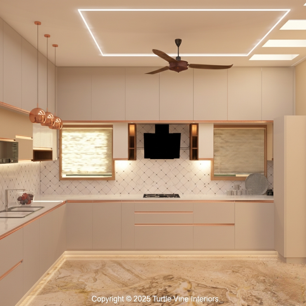 Modern modular kitchen with breakfast counter, pendant lights, and beige cabinets designed by Turtle Vine Interiors