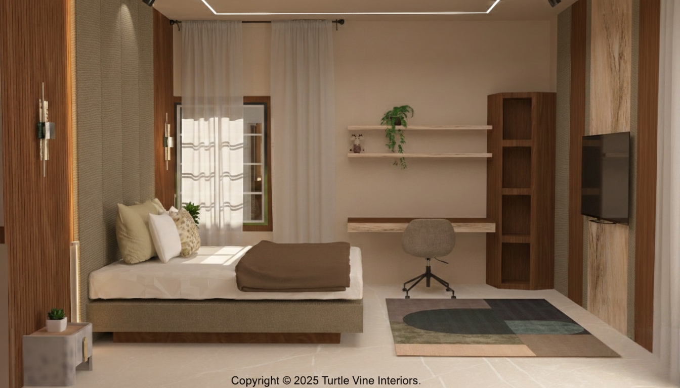 Bedroom interior with upholstered headboard and built-in study desk.