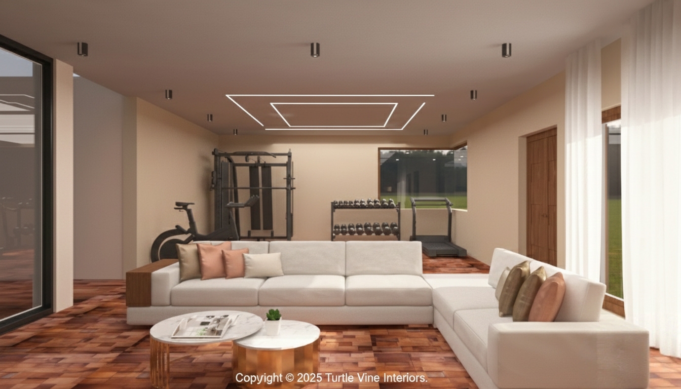 Home gym design with fitness equipment and adjoining lounge seating.