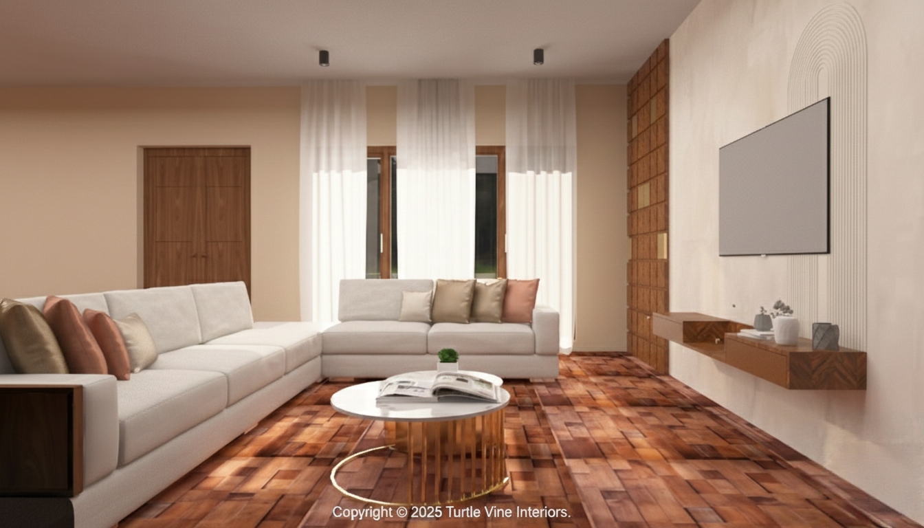 Contemporary living room featuring geometric wooden accent wall and floating TV console.
