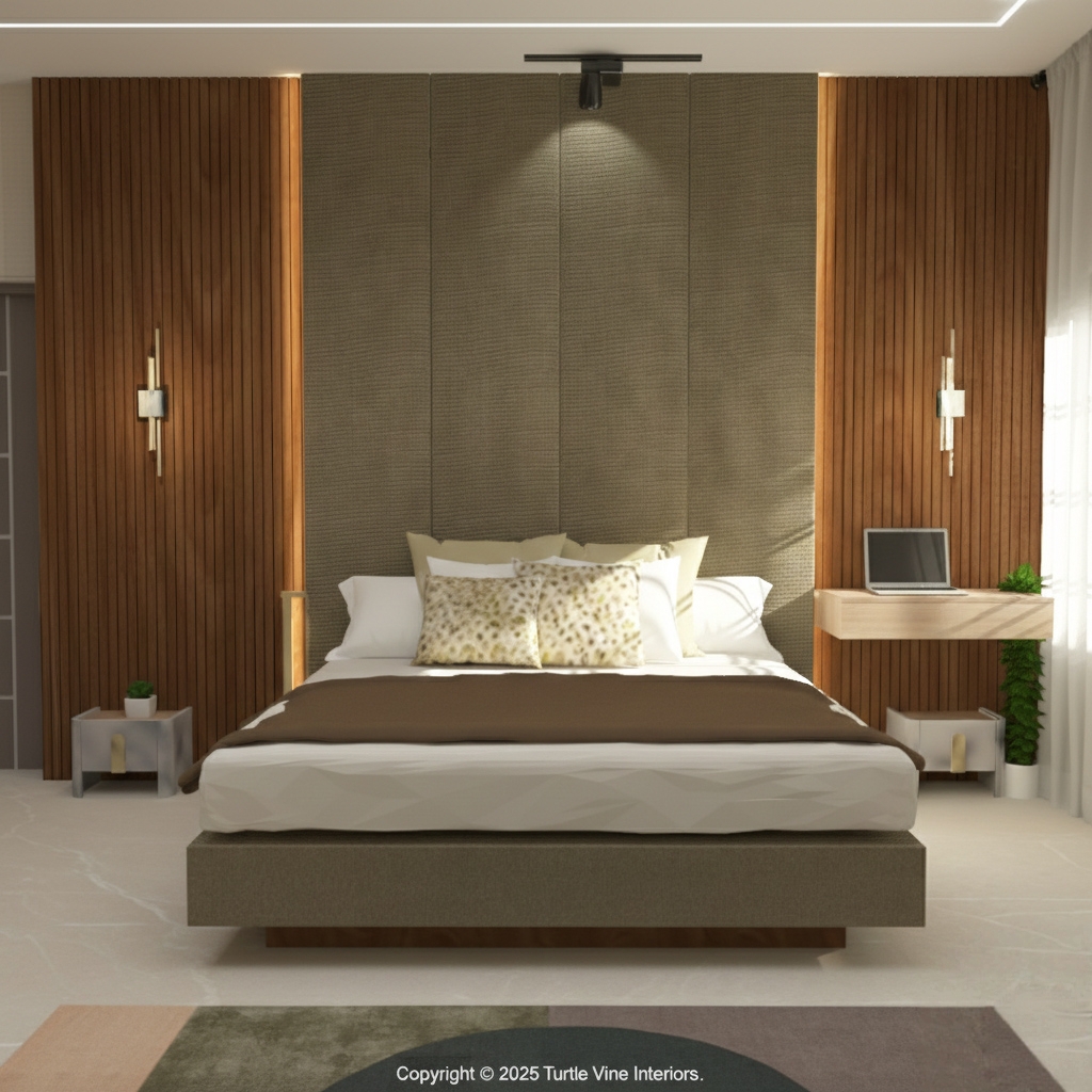Modern master bedroom with vertical wood paneling and upholstered headboard.