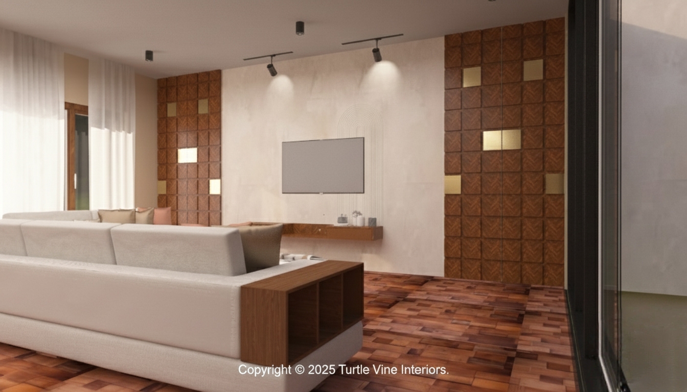 Living room with L-shaped sofa, wooden flooring, and minimalist TV panel.