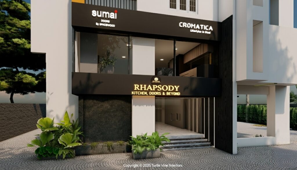 Modern showroom exterior for Rhapsody Kitchens and Sumai Doors with illuminated signage and contemporary façade design.