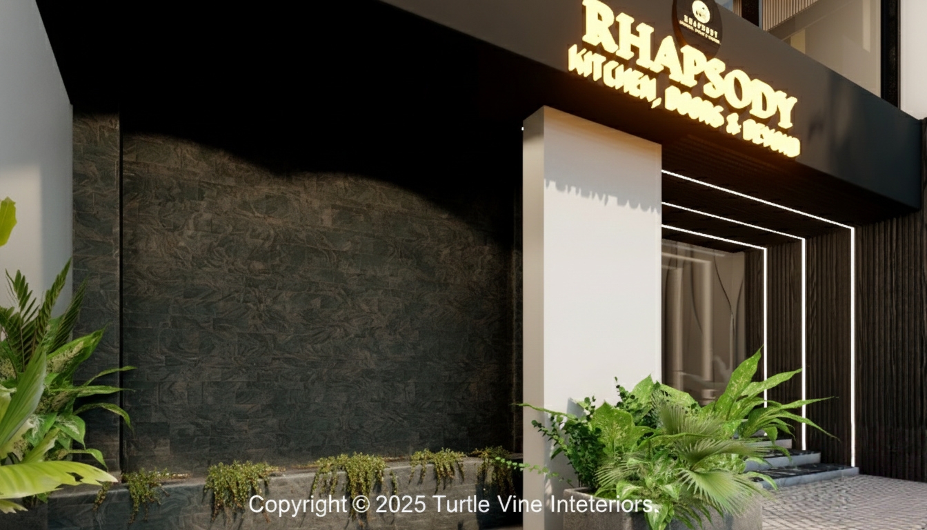 Close-up view of Rhapsody showroom entrance with textured stone wall and modern landscape elements.