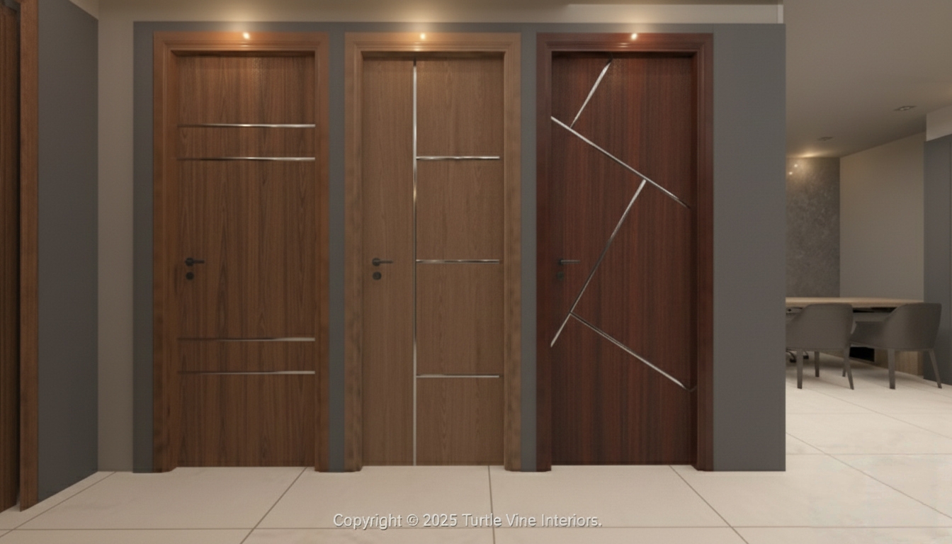 Three modern wooden doors with metal inlay designs showcased inside a premium door showroom.
