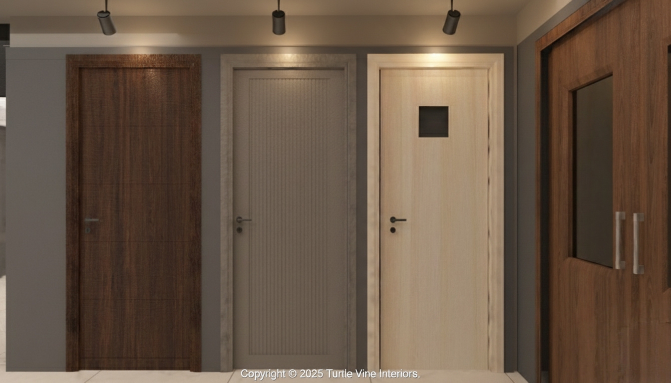 Showroom display of three premium doors with distinct finishes—dark wood, fluted texture, and a light wood door with glass cutout.