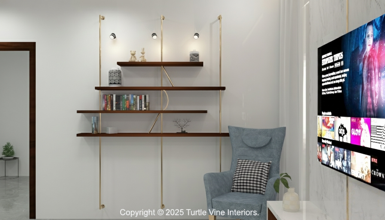 Modern wall-mounted shelving unit with wooden shelves, gold supports, spotlighting, and a cozy reading chair beside a TV.