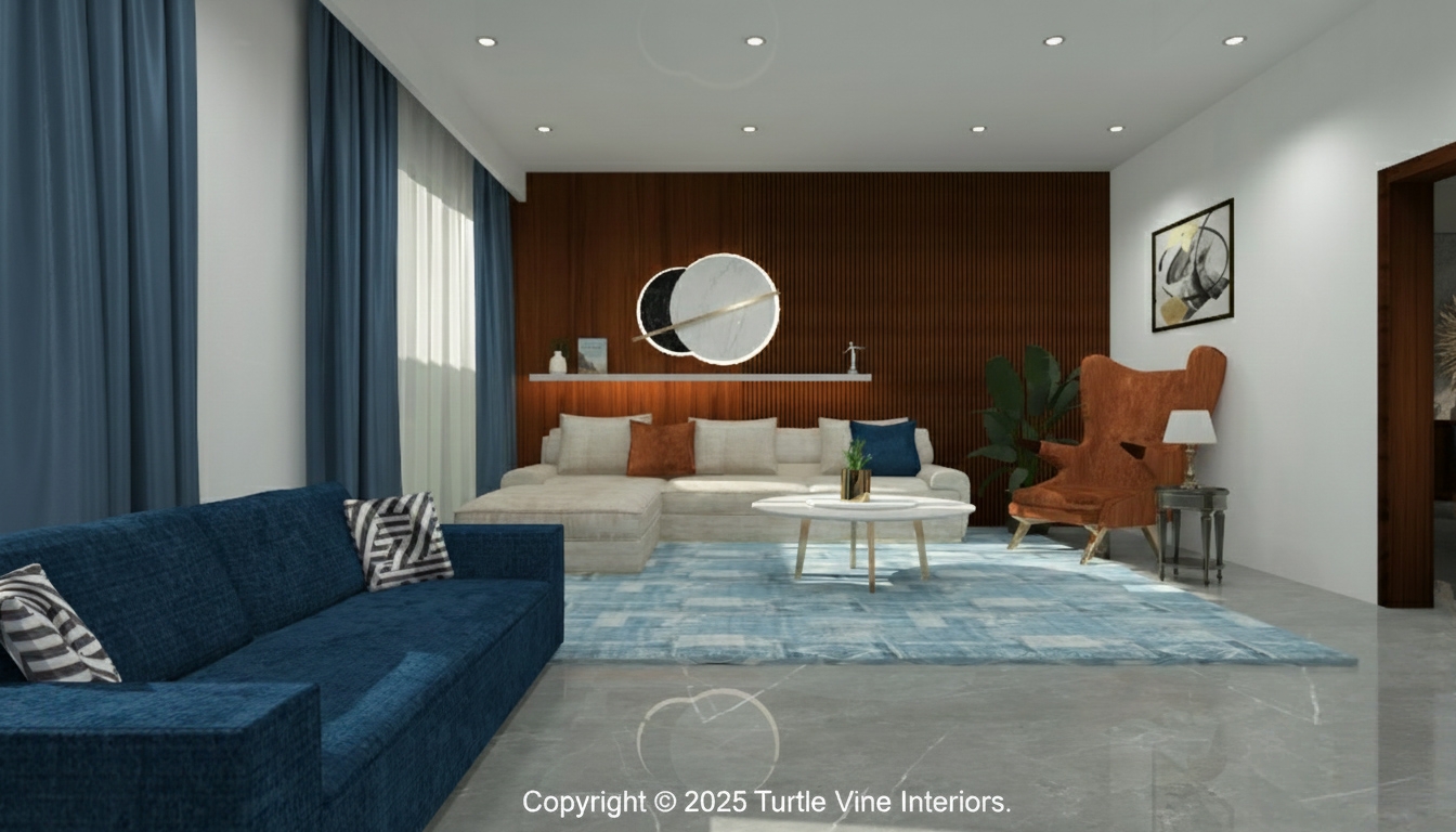 Spacious modern living room with blue and beige sofas, wood-panel accent wall, circular art, and layered lighting.
