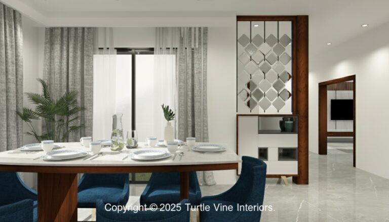 Modern dining room with marble-top table, blue upholstered chairs, large sheer curtains, and decorative partition shelving.