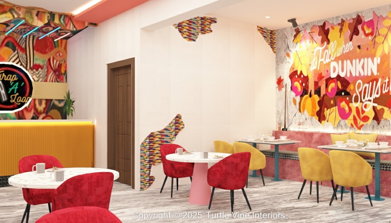 Café interior featuring colorful abstract wall art, teal and red chairs, and modern round dining tables.