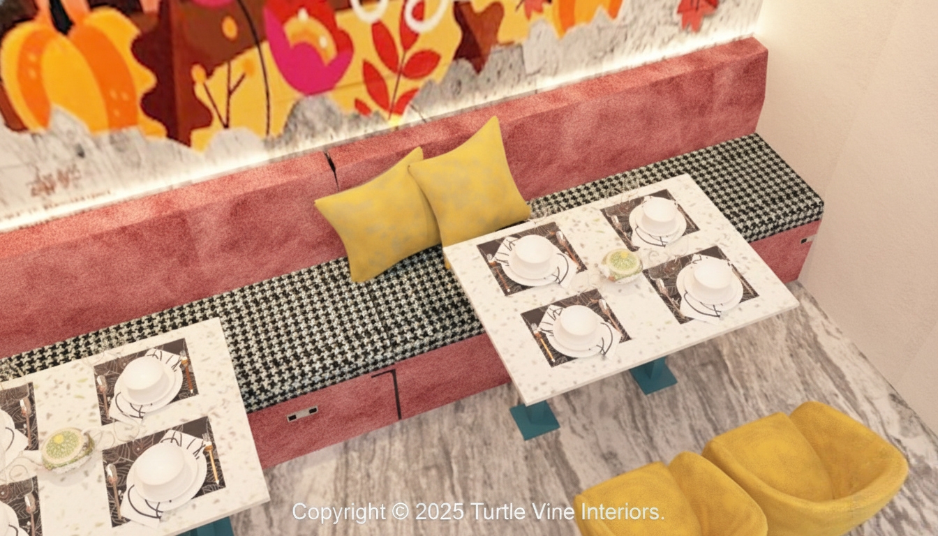 Close-up of café banquette seating with patterned cushions, marble tables, and neatly arranged dinnerware.