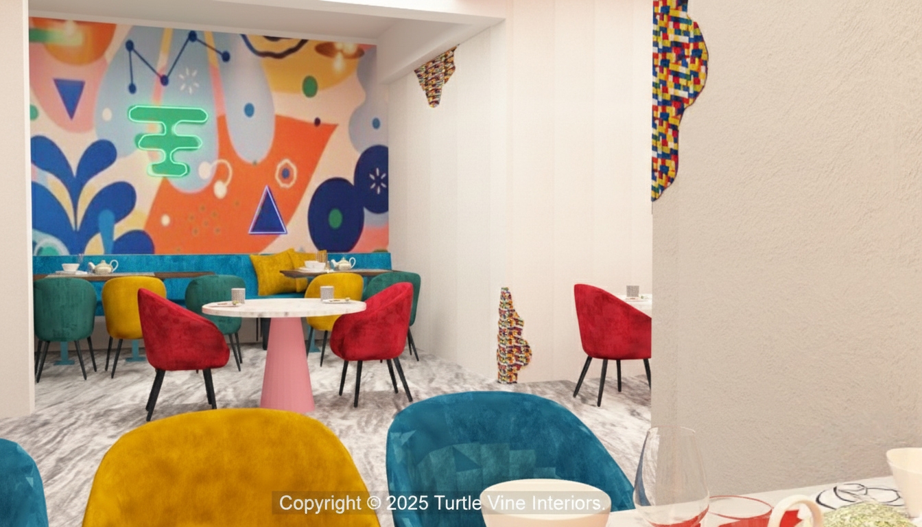 Modern café dining area with red and yellow seating, patterned wall accents, and a fall-themed mural.