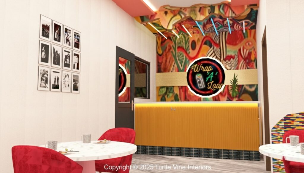 Café counter area with neon signage, colorful patterned ceiling, framed black-and-white photos, and red seating