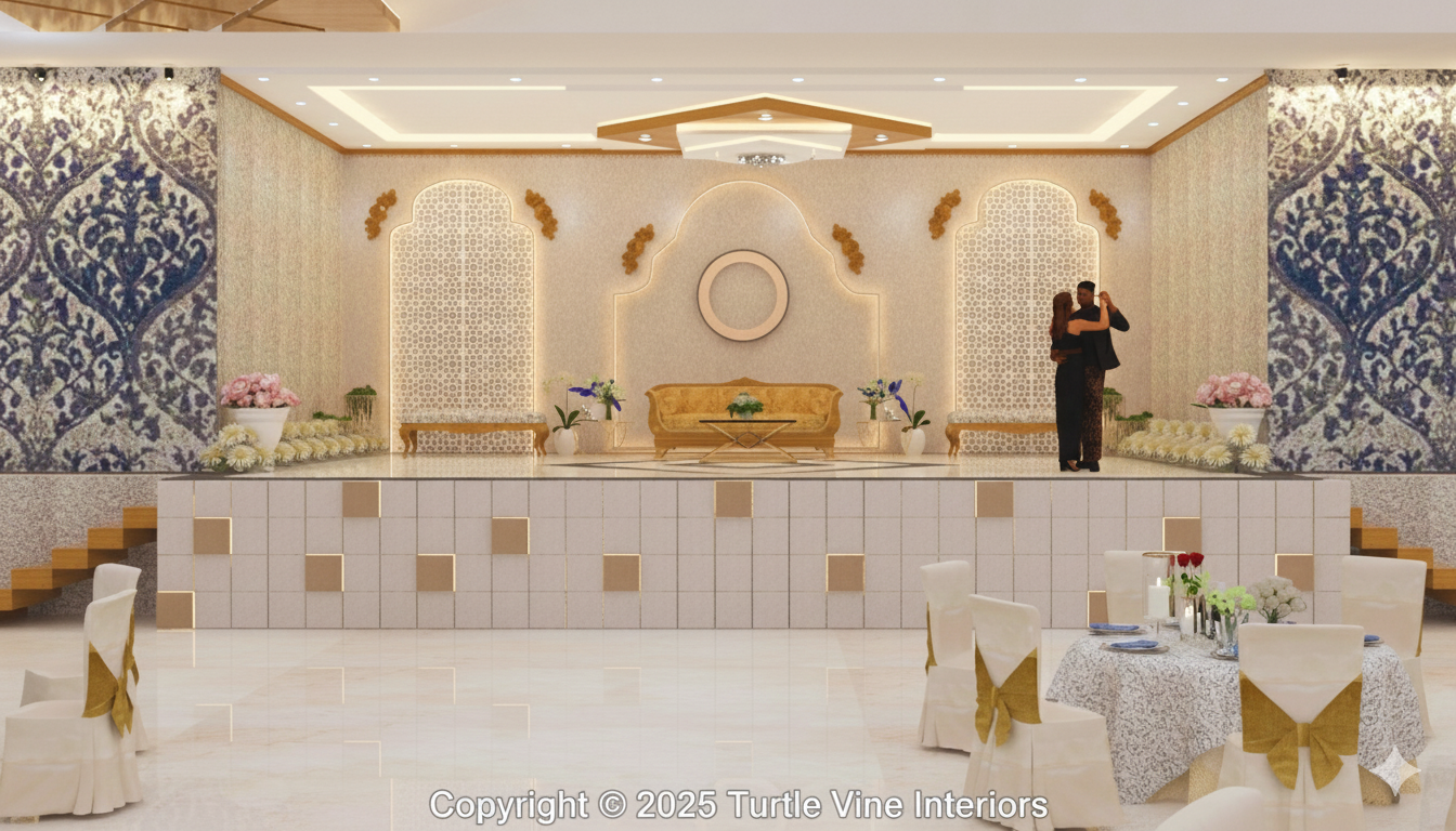 Elegant wedding hall stage interior featuring a gold sofa, arch-shaped back panels with soft backlighting, floral décor, and a couple dancing on the platform.