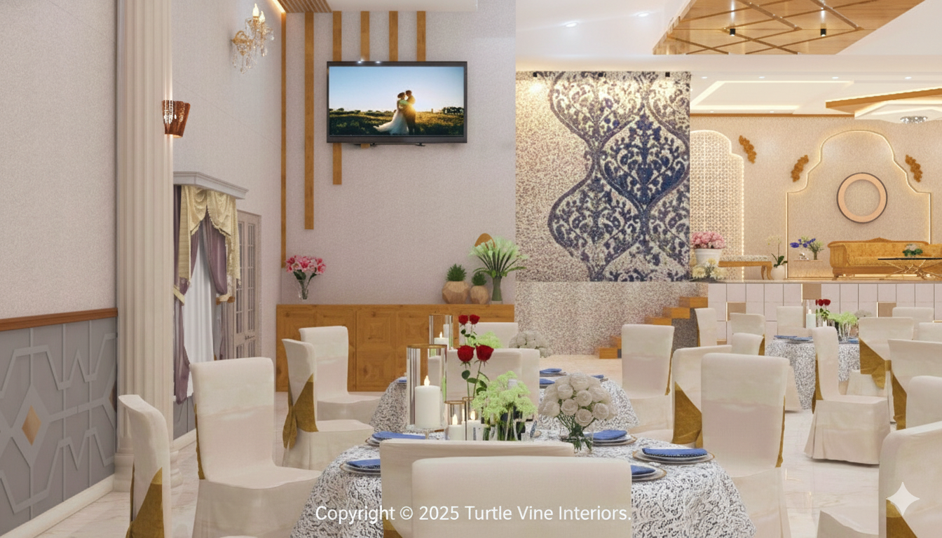 Elegant banquet hall interior with round tables, floral centerpieces, gold-tied chairs, wall art panels, and a display screen above wooden paneling.