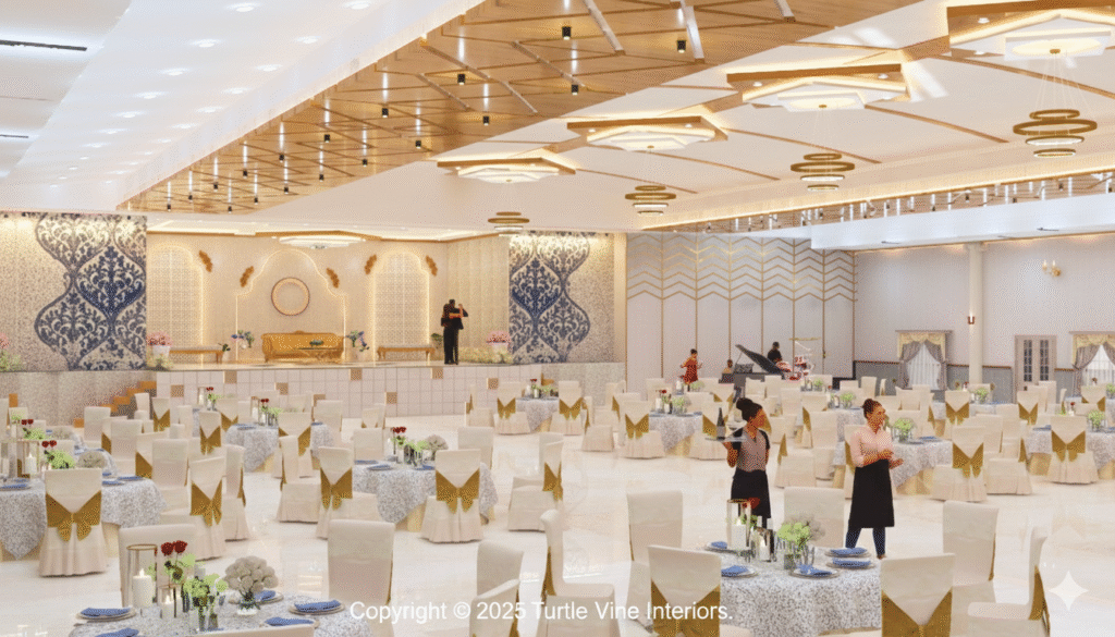 Grand banquet hall with a large decorative ceiling, elegant stage design, round dining tables, and waitstaff preparing the space for an event.