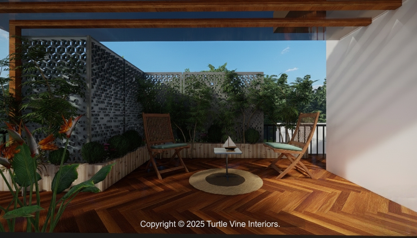 Terrace garden with seating area, tropical landscaping, and decorative screen walls.
