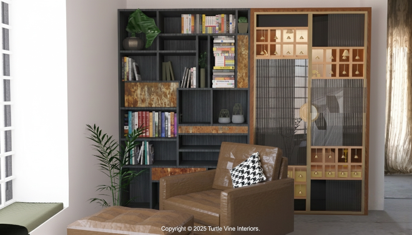 Modern reading corner with leather armchair, patterned pillow, designer bookshelf and warm textured finishes.