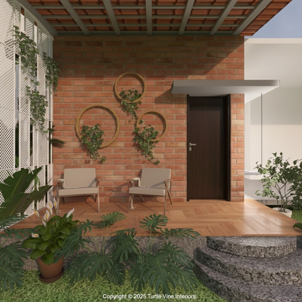 Rustic brick veranda with circular wall planters, wooden decking, and cozy outdoor seating.