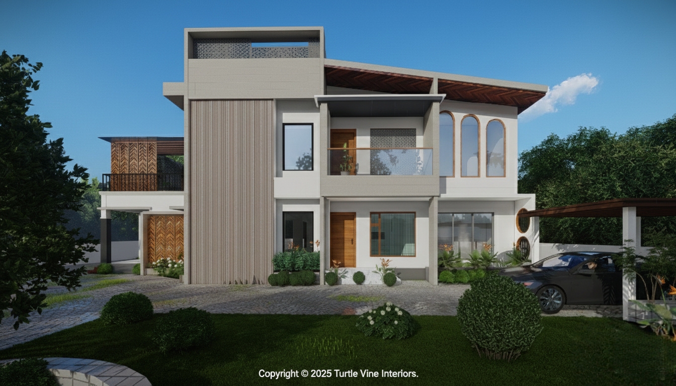 Modern home façade featuring vertical cladding, arched windows, glass balcony, and textured architectural elements.