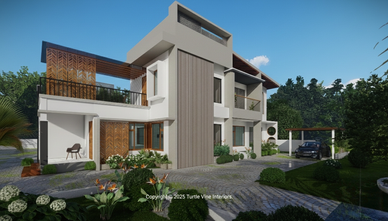 Angled view of a modern two-storey home with mixed textures, balcony, wooden accents, and landscaped driveway.