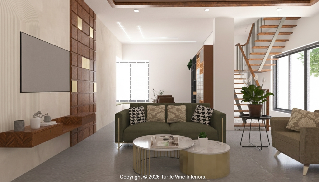 Spacious contemporary living room with floating TV panel, elegant sofas, indoor plants, and open staircase.