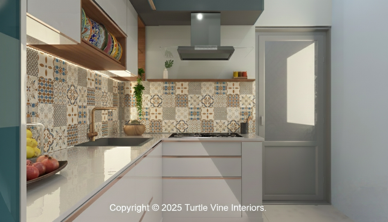 Compact modern kitchen with patterned tile backsplash, white cabinetry, under-shelf lighting, and a built-in cooktop.