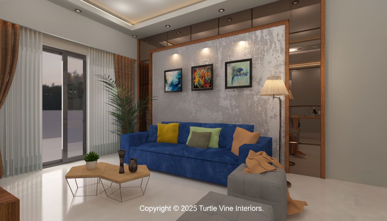 Contemporary living room featuring a blue sofa, art-lit accent wall, wooden details, and modern lighting.