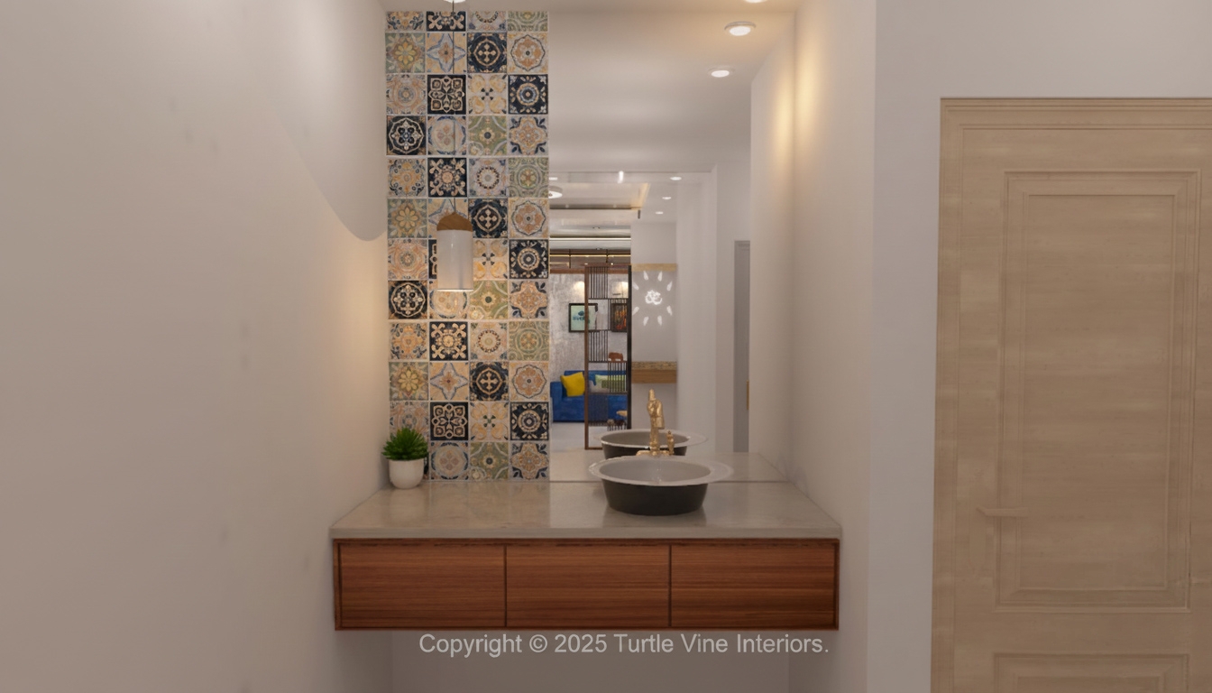 Minimal wash area with decorative patterned tiles, a floating vanity, wall-mounted basin, and soft lighting.