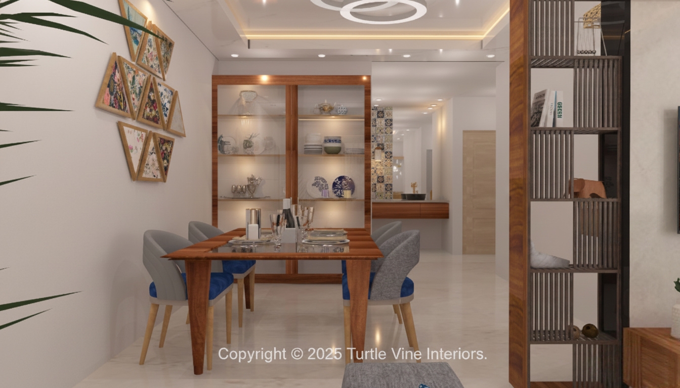 This thoughtfully designed wash area showcases a floating vanity paired with a stunning patterned tile partition. Warm lighting enhances the textures while the spacious countertop ensures everyday convenience. The design strikes a balance between aesthetic appeal and minimalism.