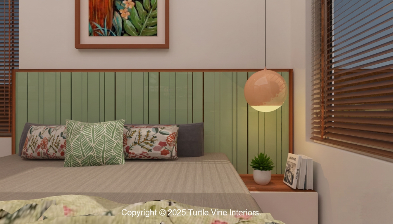 Cozy bedroom with green panel headboard, floral cushions, pendant light, and warm wooden blinds.