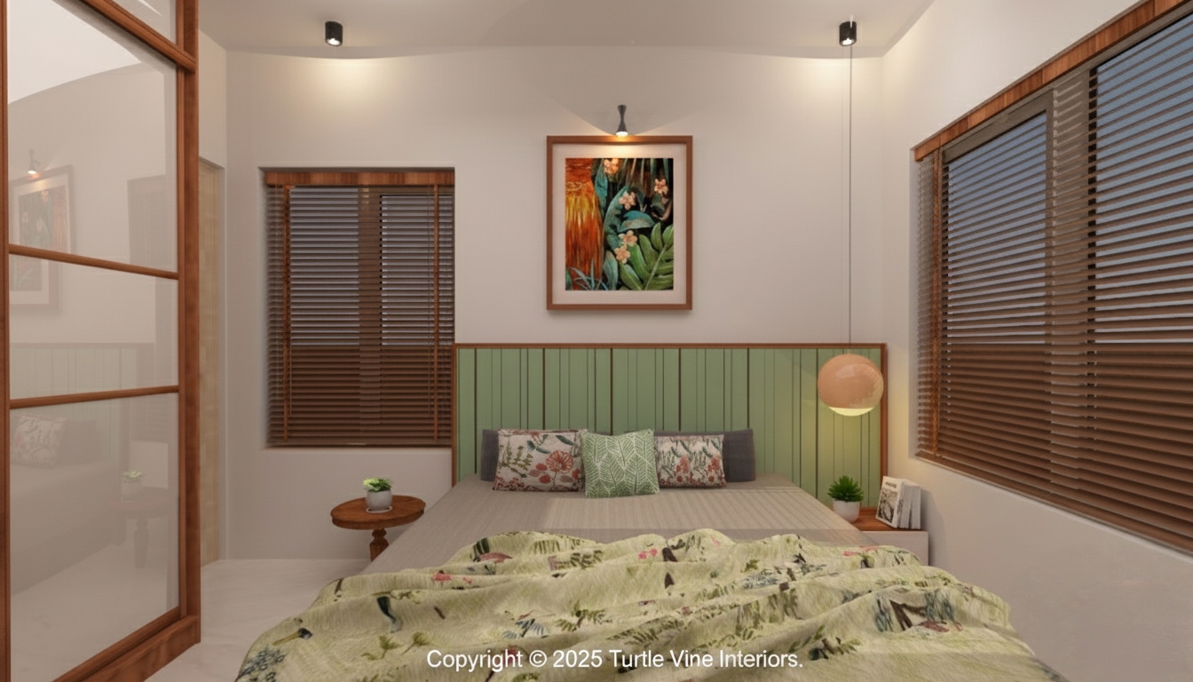 Bedroom interior showcasing a green panel headboard, floral bedding, pendant lighting, and framed botanical artwork.