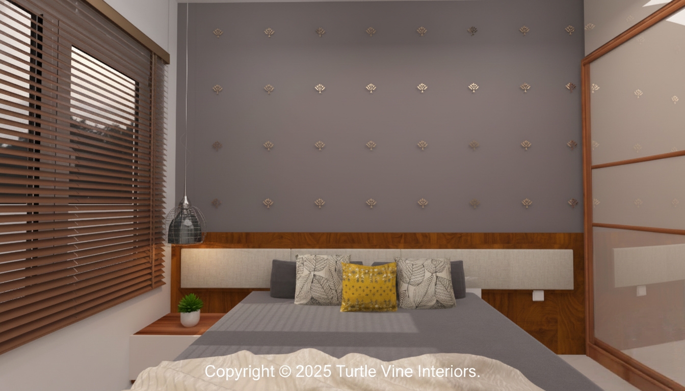 Modern bedroom with grey accent wall featuring gold motifs, wooden headboard, and decorative pendant light.