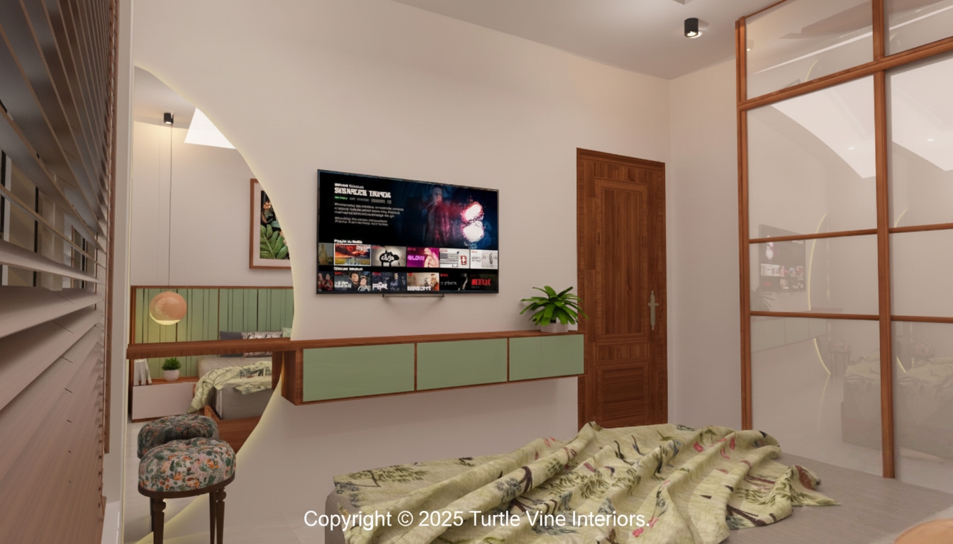 Bedroom interior with a floating TV unit in mint green, wooden accents, and view into the bed area with green headboard.