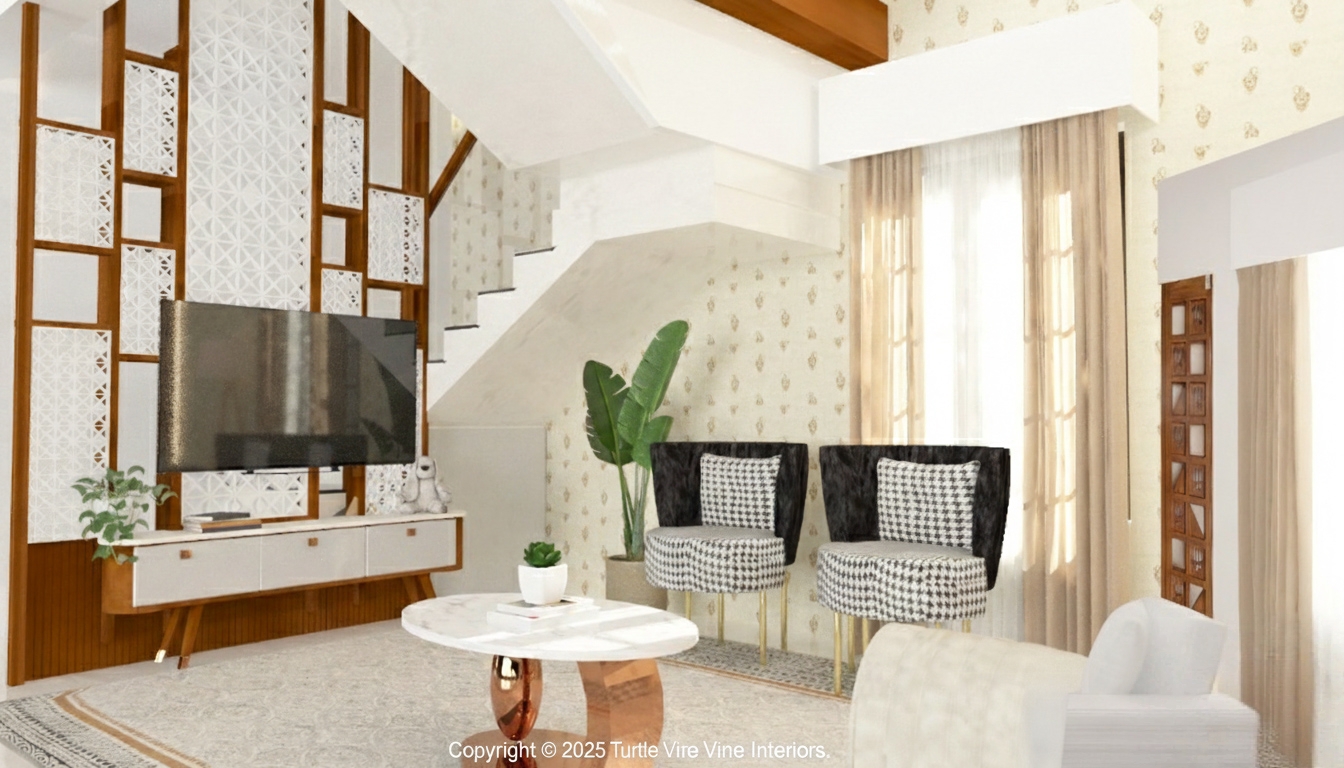 Elegant living room with patterned wood-and-white TV panel, floating staircase, accent chairs, and marble coffee table.