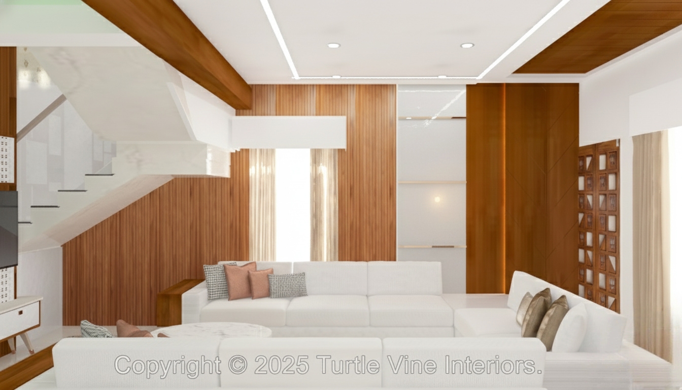 Bright modern living room with an L-shaped white sectional sofa, wood-panel feature wall, and sleek ceiling design.