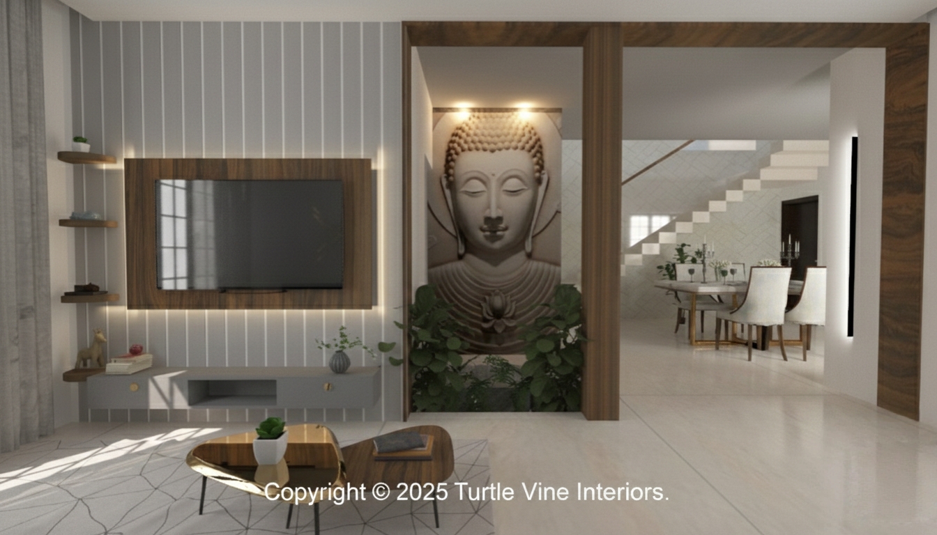 Modern living room with a wooden TV unit, vertical panel wall, Buddha feature panel, and indoor plants.