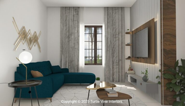 Modern living room with a wooden TV unit, vertical panel wall, Buddha feature panel, and indoor plants.