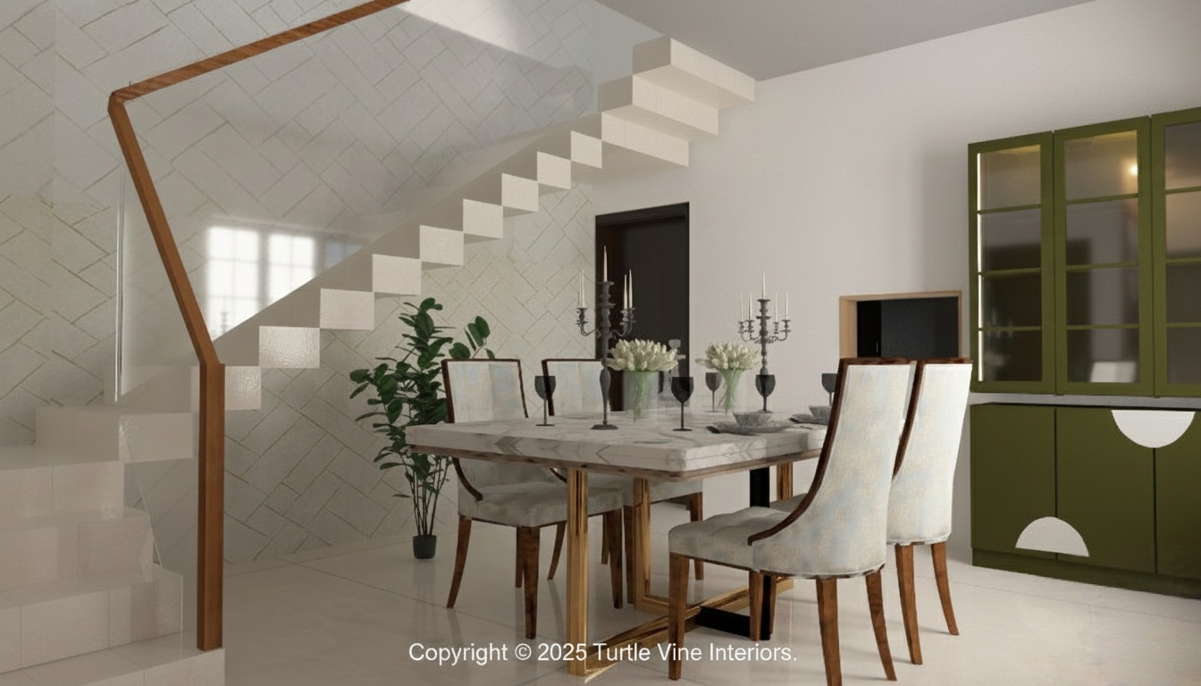 Elegant dining room with a marble-top table, upholstered chairs, floating staircase, and green crockery cabinet.