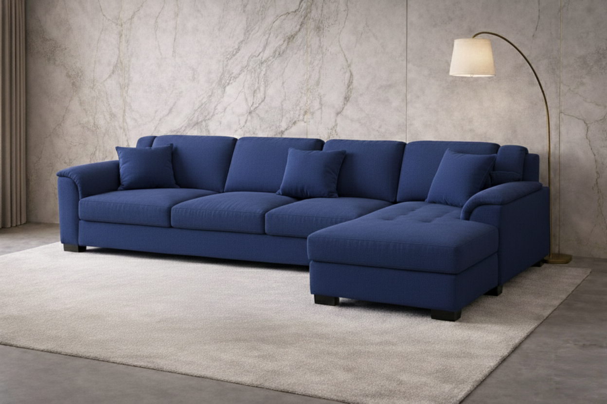 “Modern blue L-shaped sectional sofa in a cozy living room with beige décor and warm ambient lighting.”