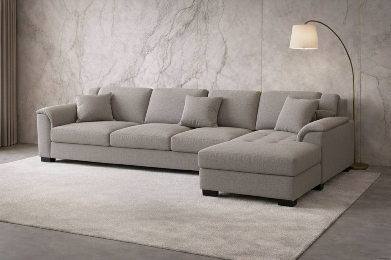 “Light grey L-shaped sectional sofa with cozy blankets and neutral décor in a softly lit living room.”