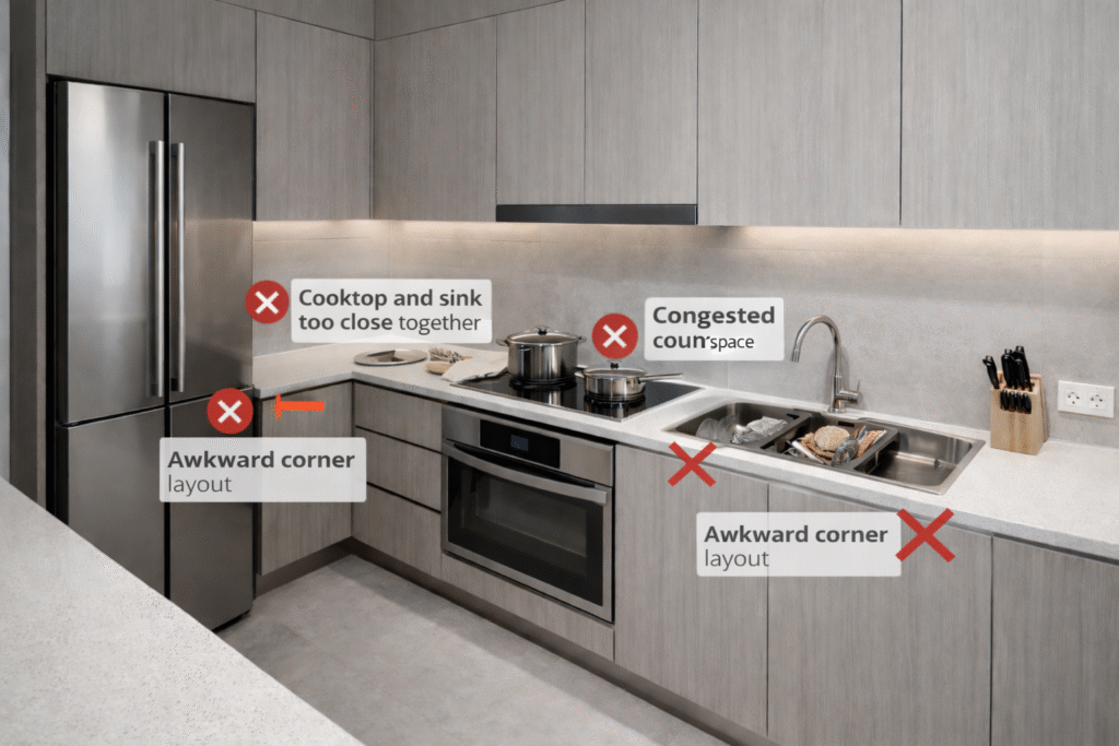 Common modular kitchen layout mistakes like congested counter space and poor work triangle
