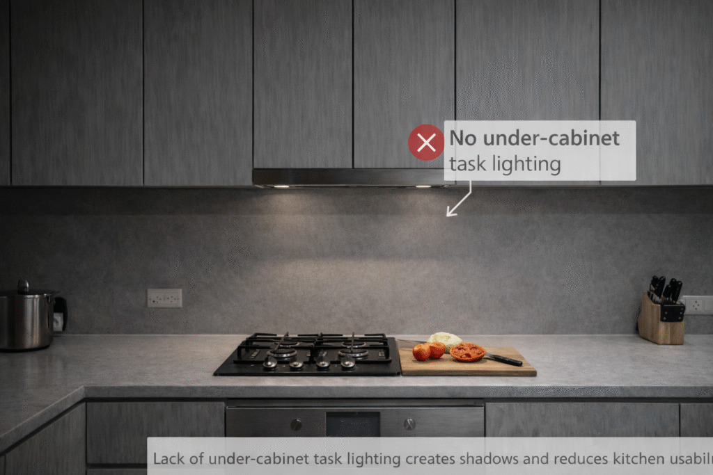 Modular kitchen without proper under-cabinet task lighting causing shadows on the countertop despite chimney lighting
