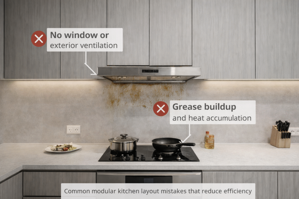 Poor modular kitchen layout showing common planning mistakes like congested counter space, incorrect work triangle, and awkward corner layout
