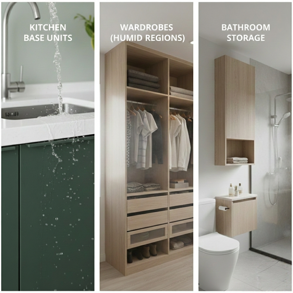 Marine Ply for high-moisture zones like modular kitchen base units and under-sink cabinets to prevent swelling and damage.