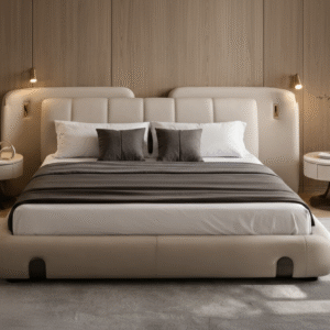 Luxury Levante Floating Bed in Warm Ivory with integrated lights by Turtle Vine Interiors.