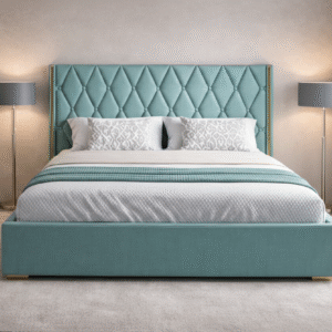 Luxury Isla Diamond-Tufted Bed in Seafoam Green by Turtle Vine Interiors.