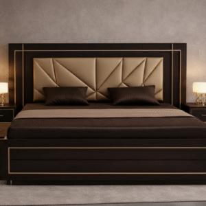 Luxury Kynto Gold-Inlay Bed in Charcoal and Gold by Turtle Vine Interiors.